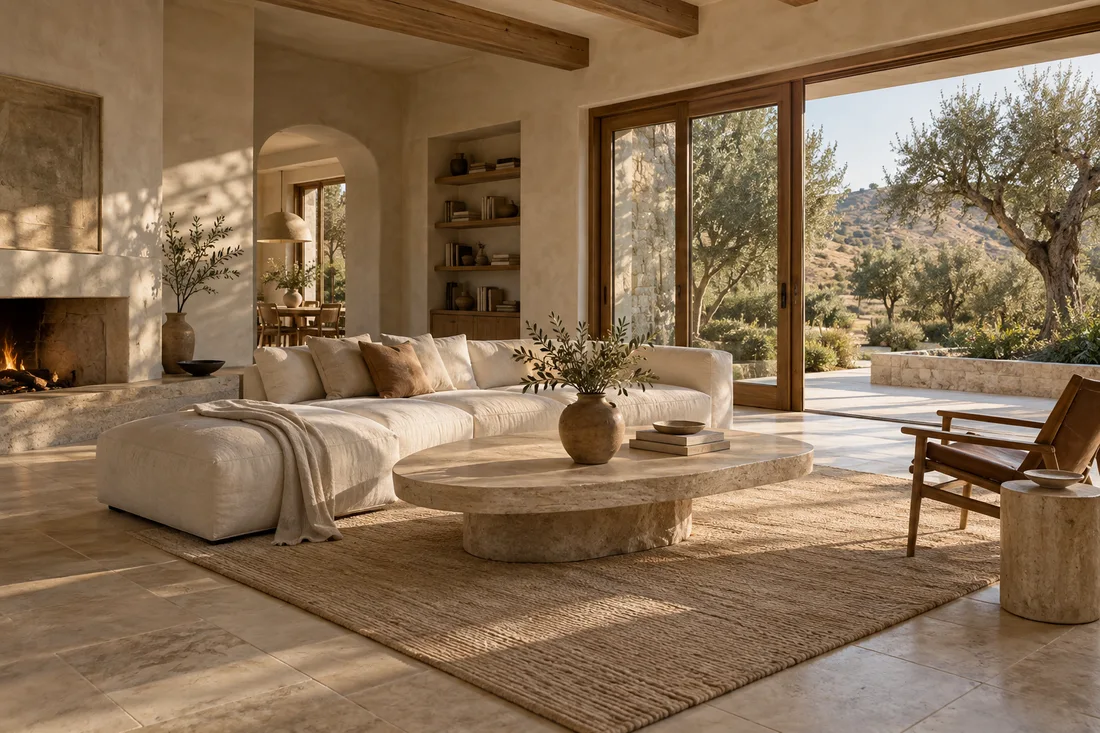 Illustrative sunlit living room opening to an olive garden